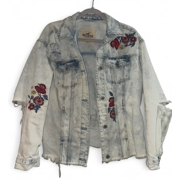Hollister Jackets & Blazers - Hollister Floral Embroidered Distressed Denim Jacket Light Acid Wash Womens M